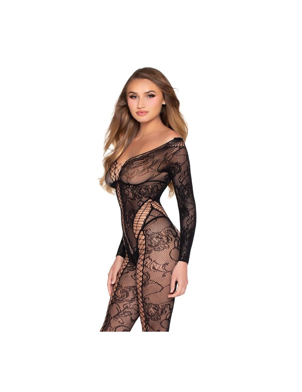LEG AVENUE - 89369 NET & LACE JUMPSUIT BLACK - ONE SIZE