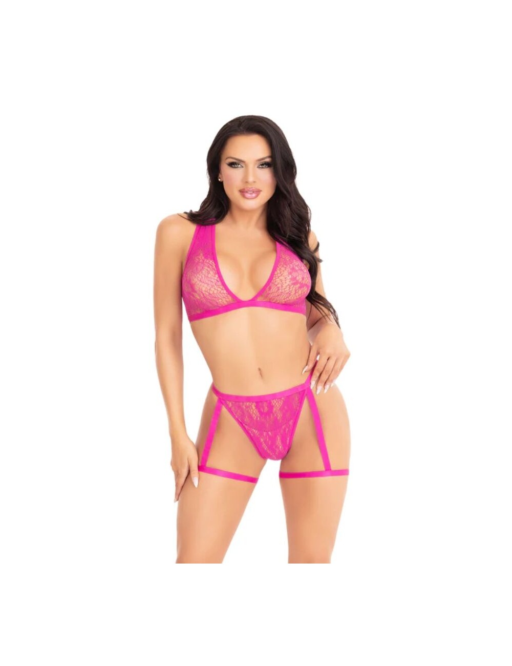 LEG AVENUE - 86148 LACE BRA TOP AND PANTY WITH GARTERS PINK - ONE SIZE