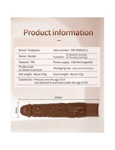 PRETTY LOVE - KESSLER REALISTIC VIBRATING DILDO WITH 10 VIBRATION MODES AND 10 THROWS, 22 CM, BROWN